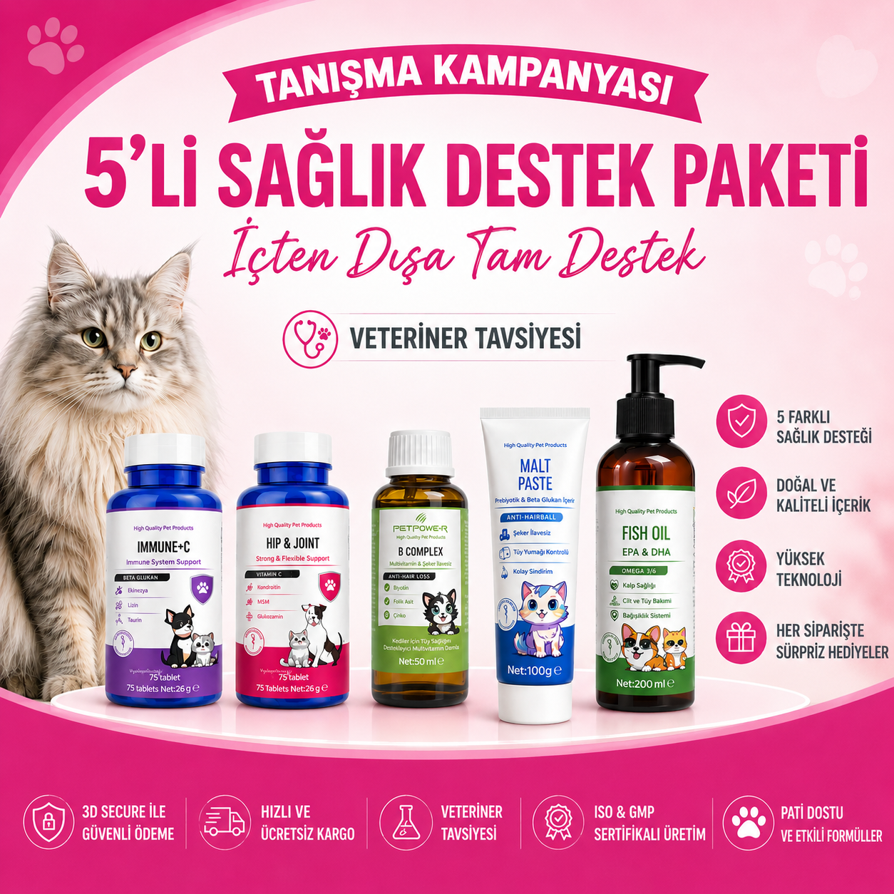 Kediler İçin 5'li Sağlık Destek Paketi