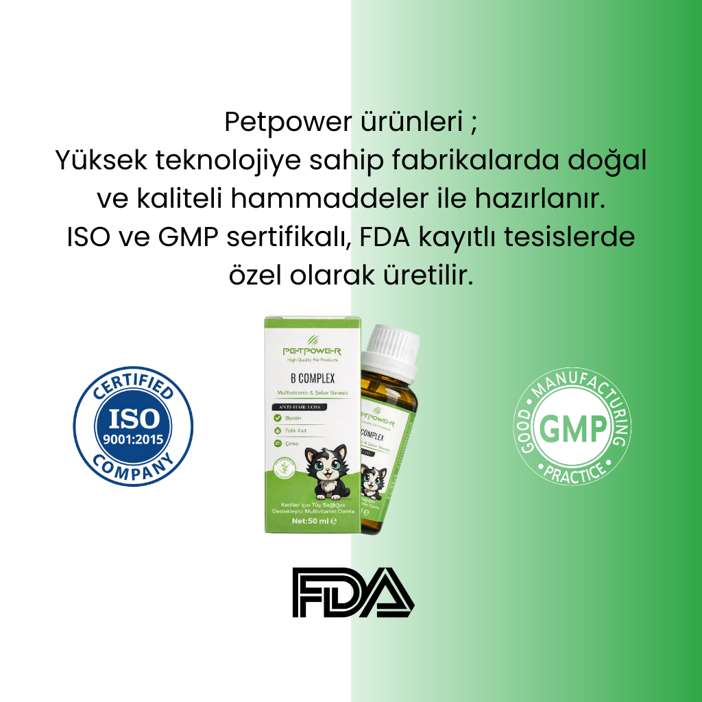 Kediler için Tüy Dökülmesini Azaltıcı Biyotin, Folik Asit, Çinko, Multivitamin Damla 50 ml