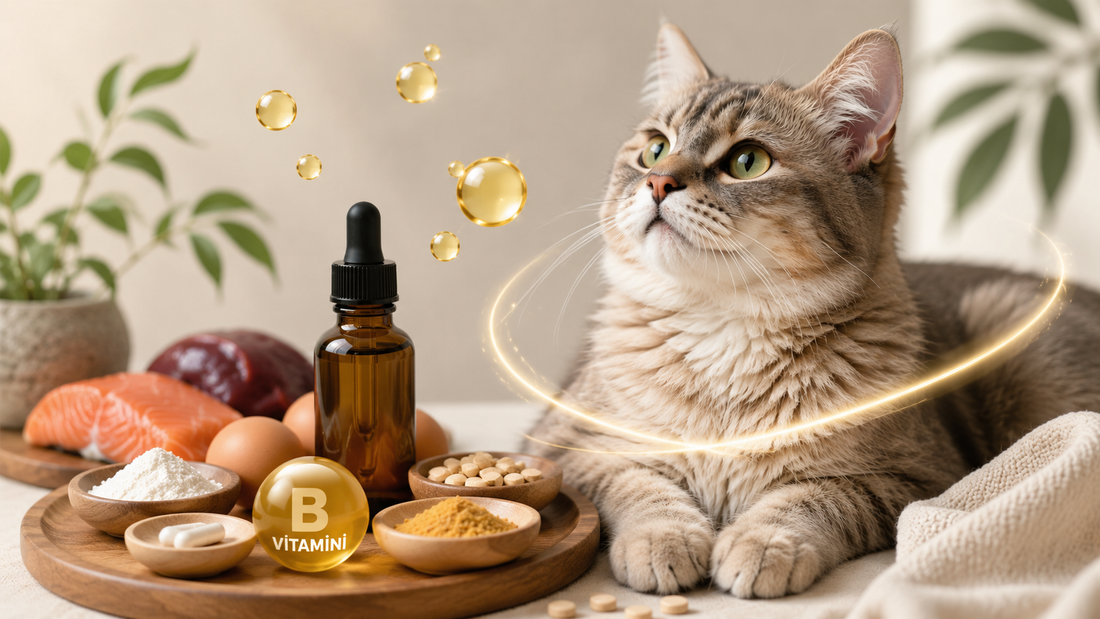 Kediler için B vitamininin tüy ve deri sağlığı üzerindeki etkilerini temsil eden görsel.