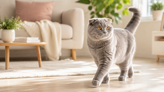 Biotin desteğiyle tüy ve deri sağlığı desteklenen Scottish Fold kedisi.