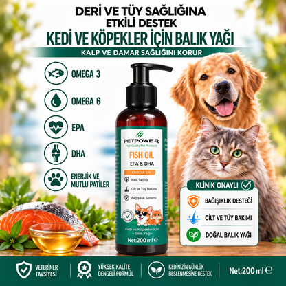 Kedi Köpek Balık Yağı, Fish Oil Omega 3 & 6 (EPA DHA) Cilt ve Tüy Bakımı 200 ml