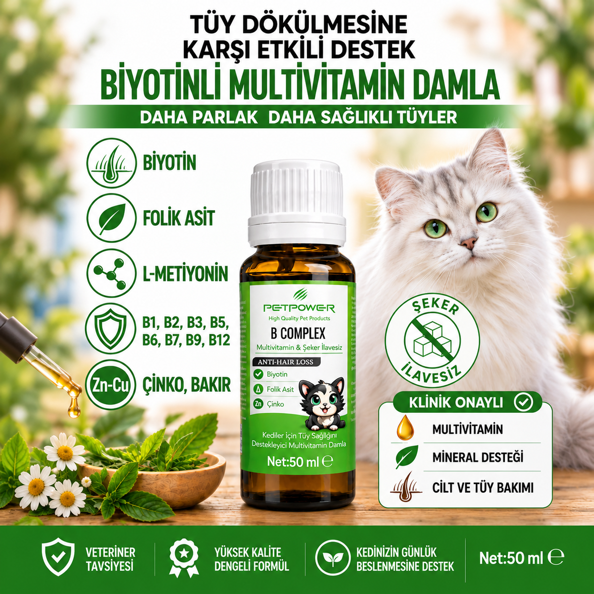 Kediler için Tüy Dökülmesini Azaltıcı Biyotin, Folik Asit, Çinko, Multivitamin Damla 50 ml