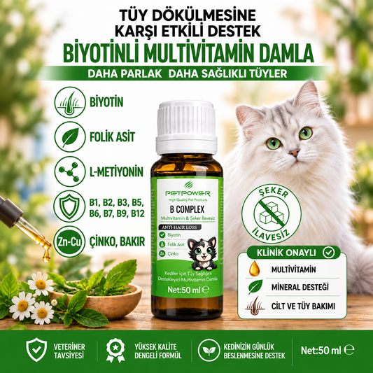 Kediler için Tüy Dökülmesini Azaltıcı Biyotin, Folik Asit, Çinko, Multivitamin Damla 50 ml