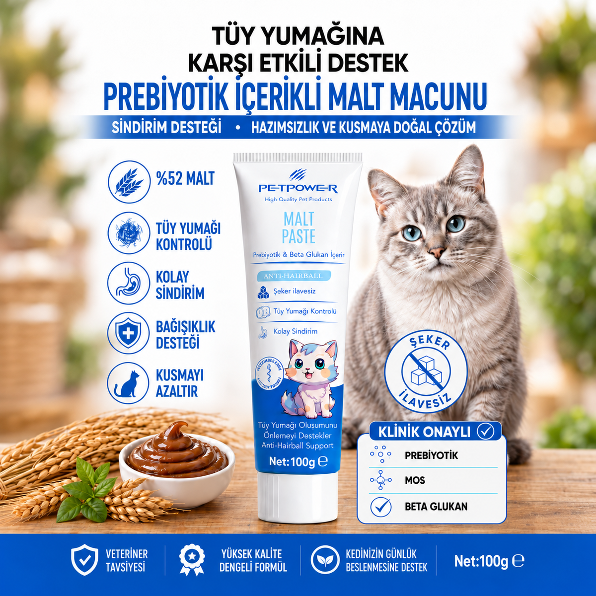 Tüy Yumağı Engelleyici Kedi Maltı 100 gr - Anti Hairball, Kusma Önleyici ve Sindirimi Düzenleyici Malt Macunu