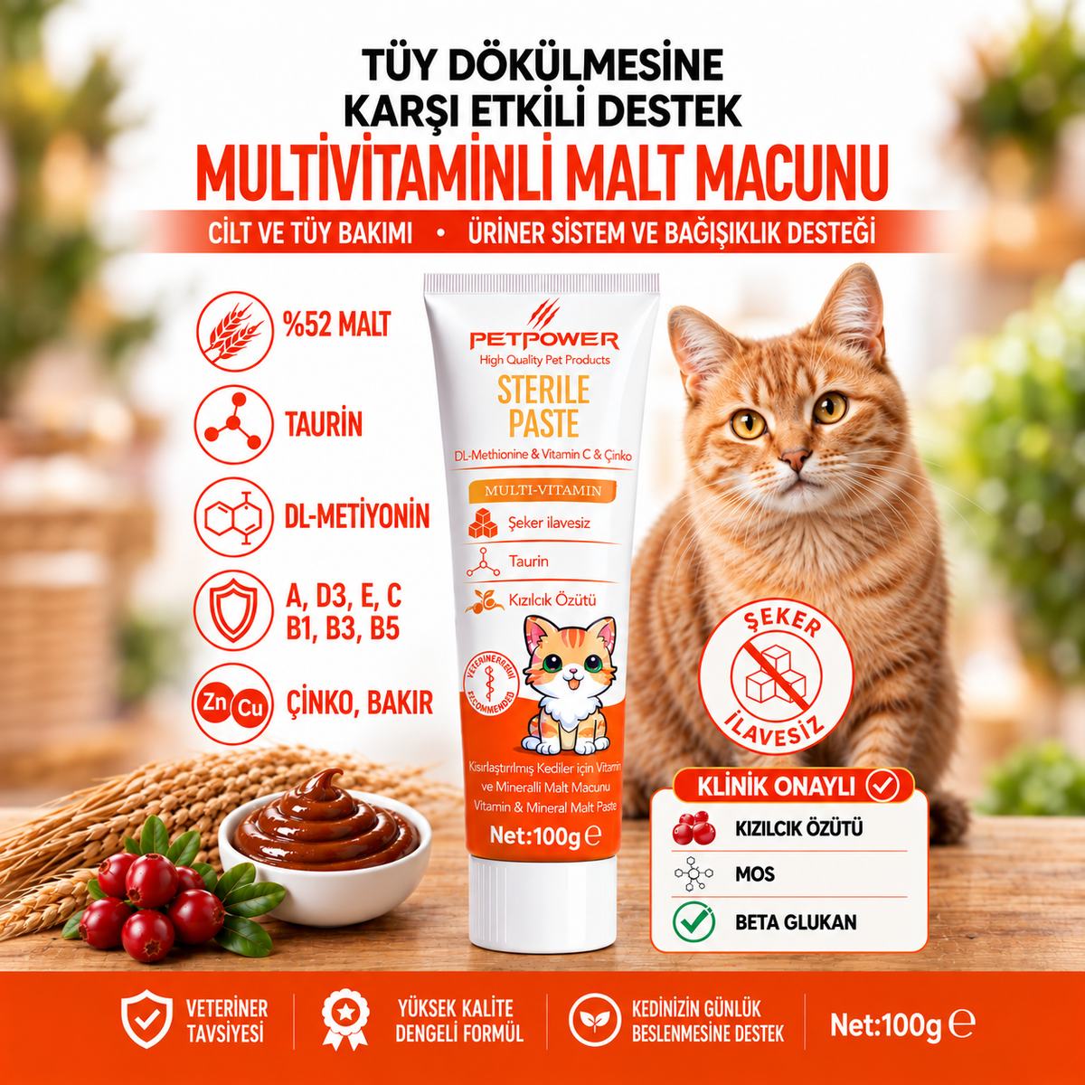Tüy Dökümü Önleyici Kedi Maltı 100 gr - Üriner Sistem Desteği, Taurin ve Multivitaminli Malt Macunu