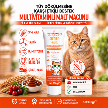 Tüy Dökümü Önleyici Kedi Maltı 100 gr - Üriner Sistem Desteği, Taurin ve Multivitaminli Malt Macunu
