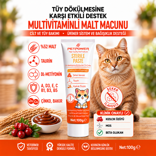 Tüy Dökümü Önleyici Kedi Maltı 100 gr - Üriner Sistem Desteği, Taurin ve Multivitaminli Malt Macunu
