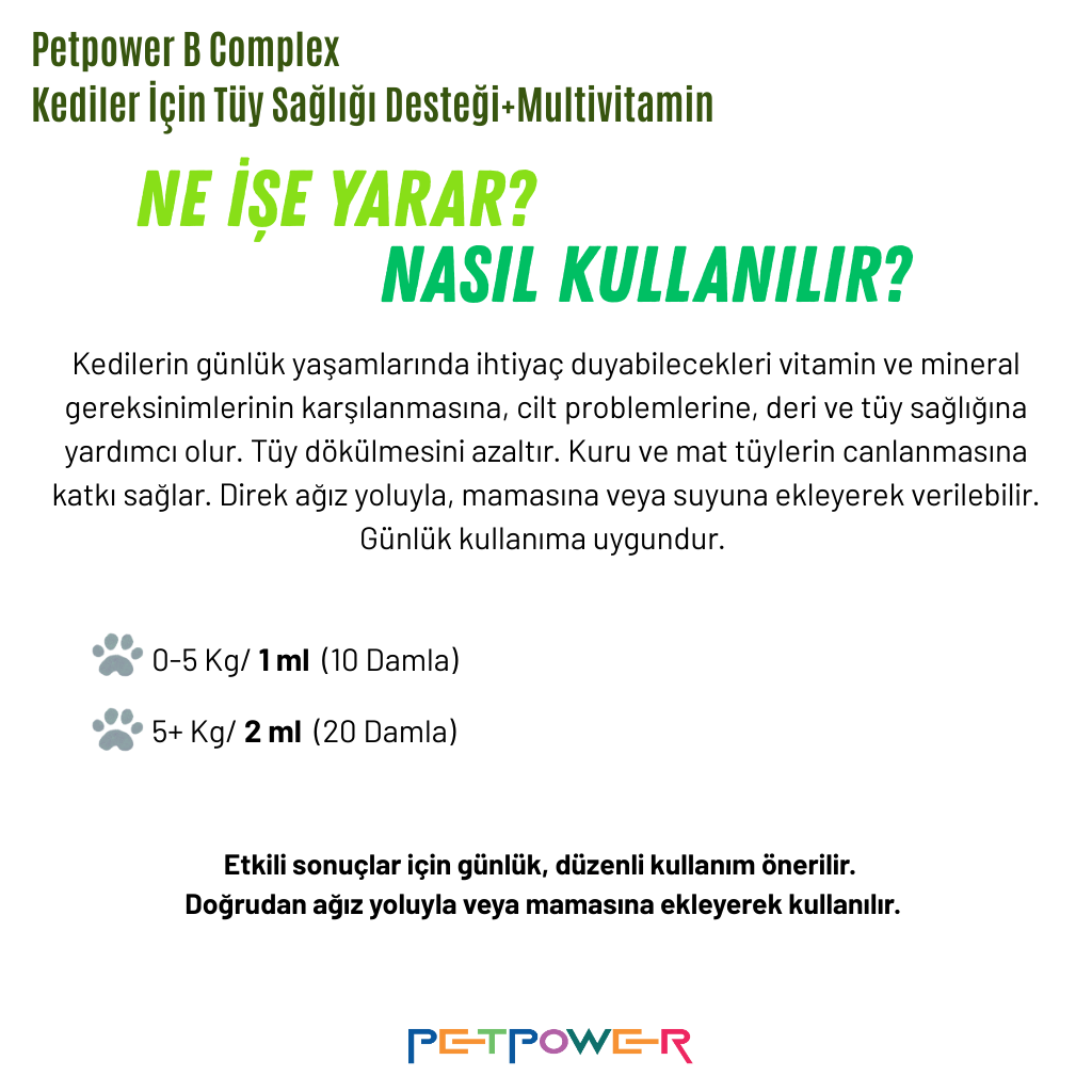 Kediler için Tüy Dökülmesini Azaltıcı Biyotin, Folik Asit, Çinko, Multivitamin Damla 50 ml